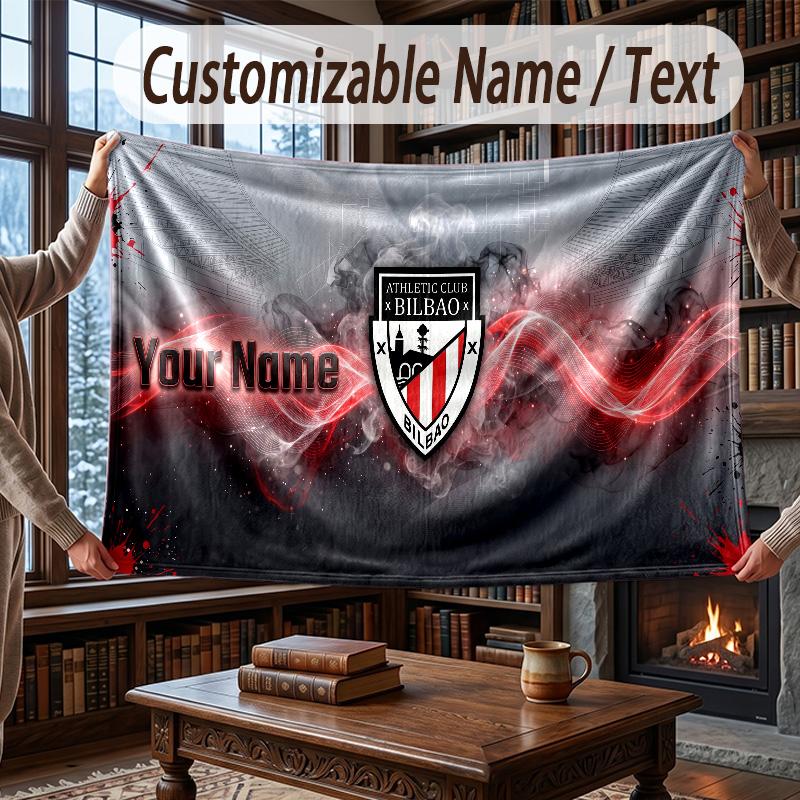 Custom Name Flannel Throw Blanket Athletic Bilbao FC Pattern Warm Home Decoration