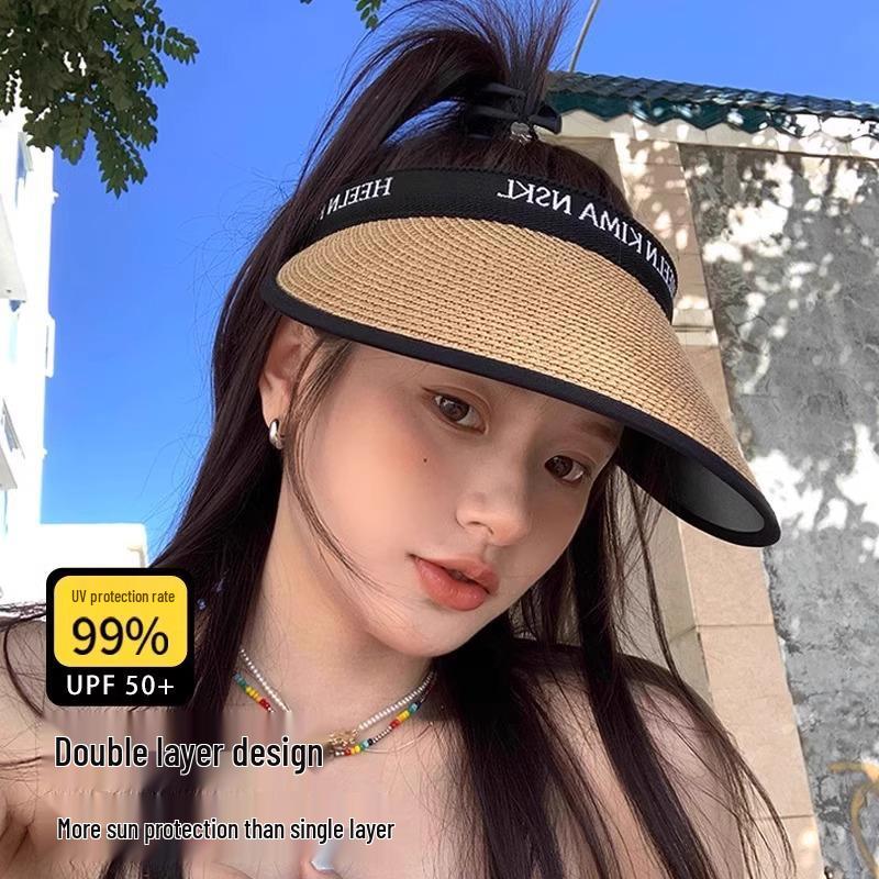 Women's Wide-Brim Straw Sun Hat with UV Protection and Headband