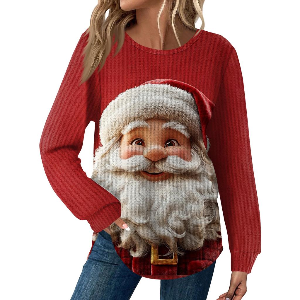 Dámská móda Ležérní Volný Top s kulatým výstřihem a dlouhým rukávem s vánočním potiskem