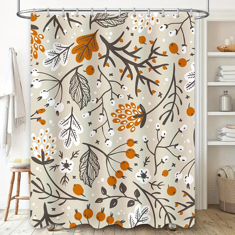 Natural Fall Leaves Shower Curtain Bathroom Decor, Autumn Style, Black White Floral Print Waterproof Fabric Decorative Liner for