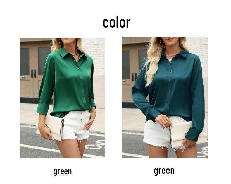 Elegant Women's Solid Color Satin Long Sleeve Shirt with Retro Buttons