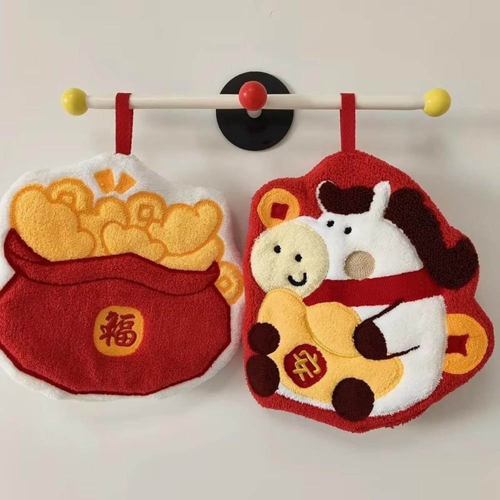 Cartoon Chinese New Year Hand Towel Lucky Horse Blessing Pattern Absorbent Towels Soft Thick Hanging Towel Kitchen Bathroom Use