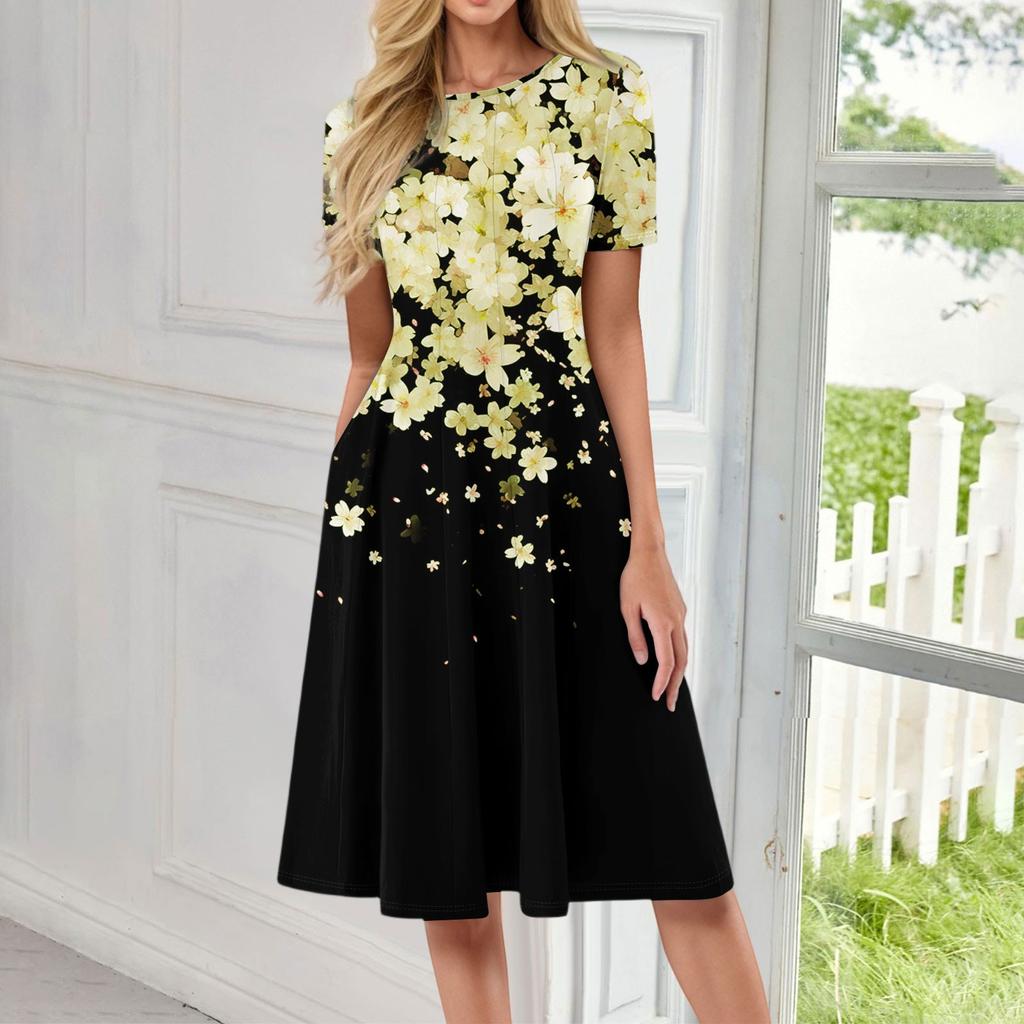 Women's Casual Sundress Summer Boho Beach Dress Floral Blouses For Women O Neck Loose Dresses