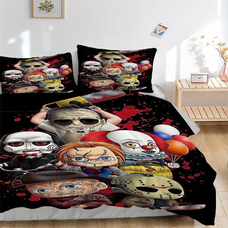 3pcs Horror Icons Printed Quilt Set - Includes 1 Quilt Cover and 2 Pillowcases, Machine Washable - Suitable for All Seasons.C054