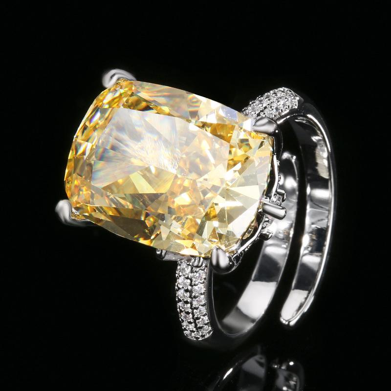 Autumn And Winter Jewelry Copper Bottom Gold-Plated High Carbon Diamond Ice Flower Square Diamond Copper Setting Temperament Ring Female 12 * 16