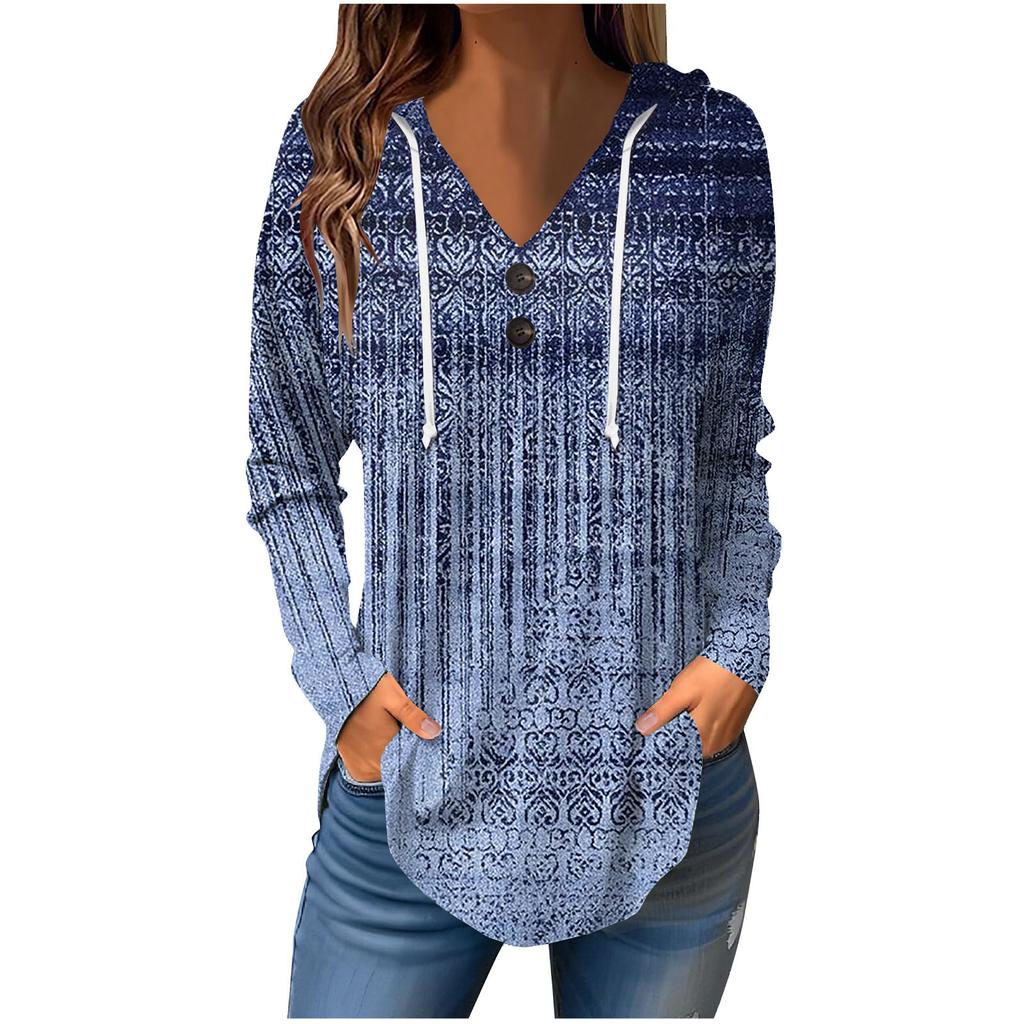 Women's Casual Fashion Color V Neck Long Sleeve Button Hoodie Tops
