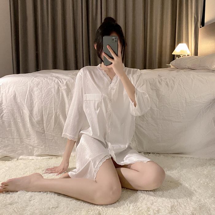 

Pajamas summer women s ice silk cardigan loose lace pajamas summer women s cool thin spring and autumn loungewear 175(XXL) білий