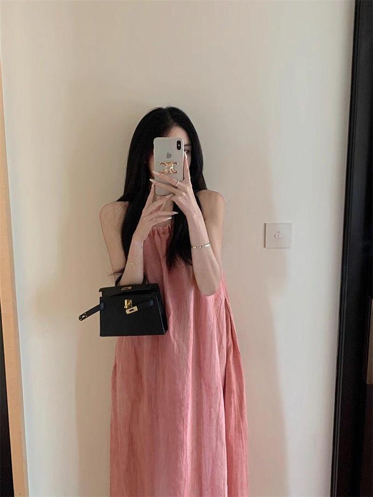 Pink Women's Halter Neck Suspender Long Skirt - Summer Beach Vacation Dress