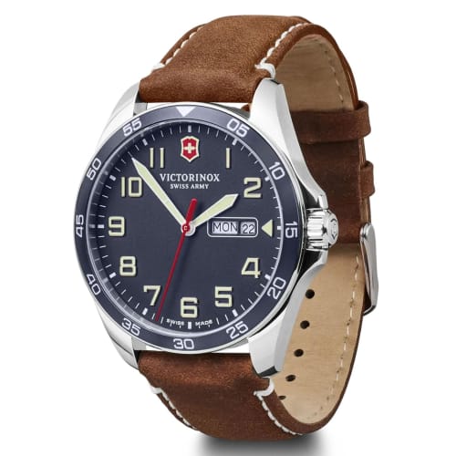 VICTORINOX FIELDFORCE Watch, Stainless Steel Case (316L), Blue Dial, Brown Leather Strap, Gift Item 241848