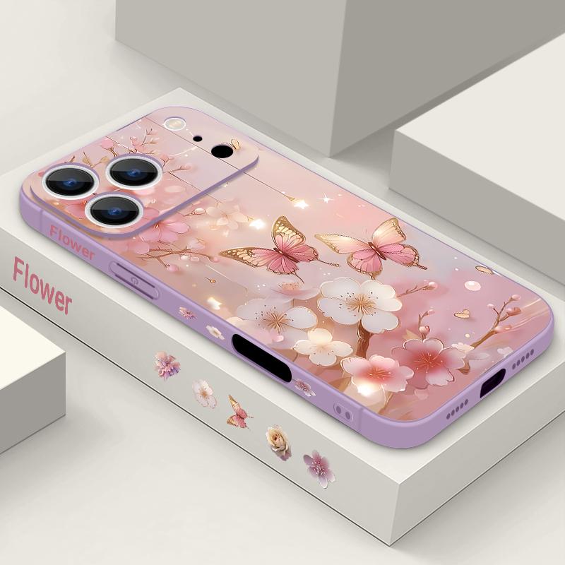 Dream Butterfly Floral Pattern Lanyard Case For iPhone 17 Pro Max Soft Silicone Cover For iPhone 16 Pro Max Funda iPhone 15 14 13 12 11 16E