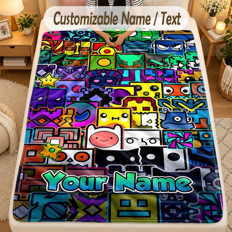 Flannel BlanketGeometry Dash Custom Name Text Personalized Soft Warm Throw Blanket Home Decor Gift