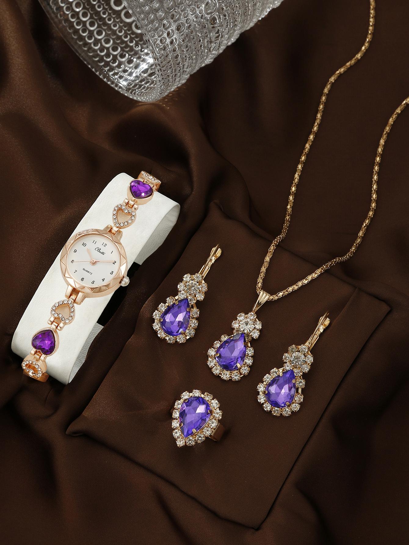 

4 Piece Set of Women Watches Earrings Necklaces Rings Luxurious Women Jewelry Light Luxury Quartz Bracelet Watch