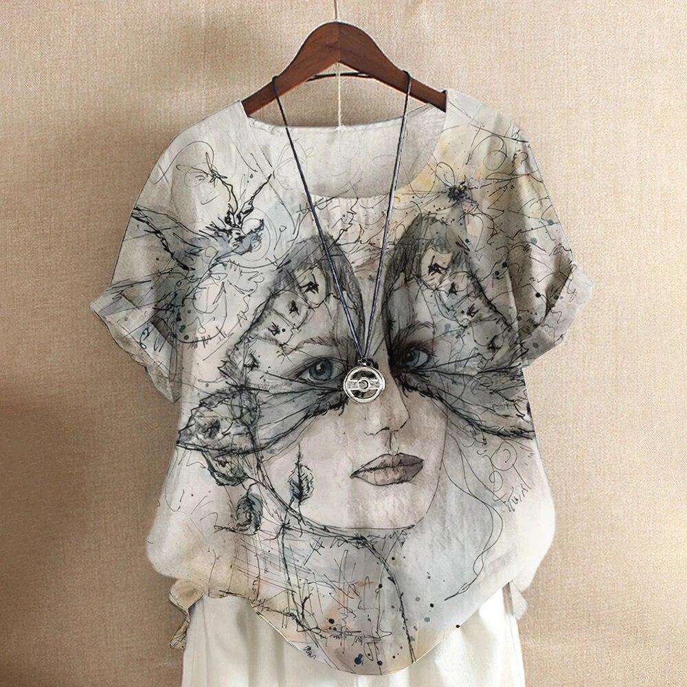 Kunst Ansikt Bluse Dame T-skjorte Mote Kortermet Tees Blomstertrykk Topper O-Hals Kule Jenter Klær Sommer Casual Genser