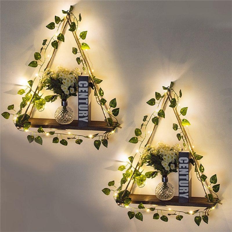 A20F-Simulated Green Plant LED Light Wooden Wall Hanging, Macrame Shelf For Bedroom Living Room Kitchen
