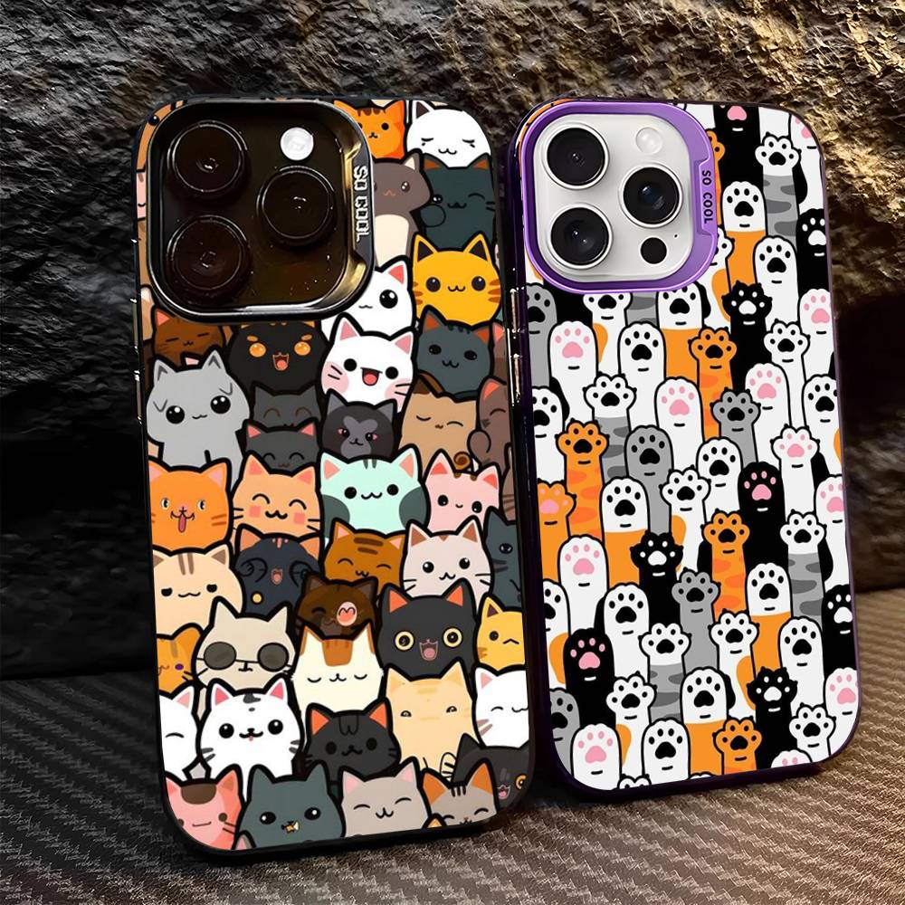 Cartoon Cute Cats Background Phone Case For IPhone 17 16 15 14 11 12 13 Pro Max Pro Plus Colored Silver Cover