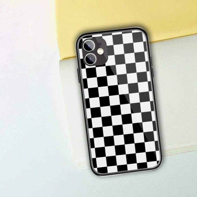Black White Checkered Phone Case For IPhone 13 12 11 XS X 8 7 6 Plus Mini Pro Max SE 2022 Black PC TPU Glass Phone Cover