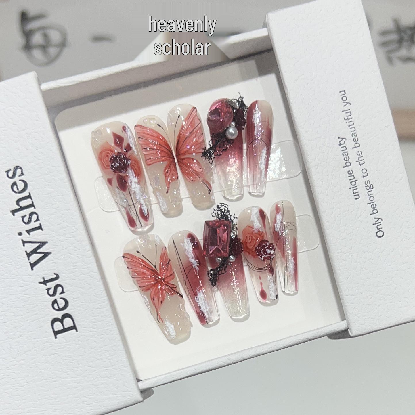 

**Begonia Butterfly Long Red Rose & Ice Nude Removable Fake Nails** Extra Small