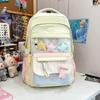 Cute Color Blocked Striped Cartoon Embroidery Student Backpack With Star Decor For School Use