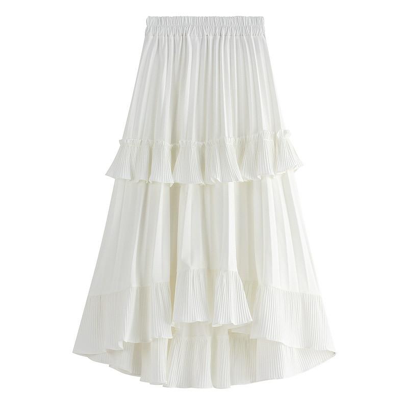 

Women Retro Ruffle Edge Pleated Cake Skirt Elegant Elastic Waist Irregular Long A-line Skirt For Spring Autumn One Size білий