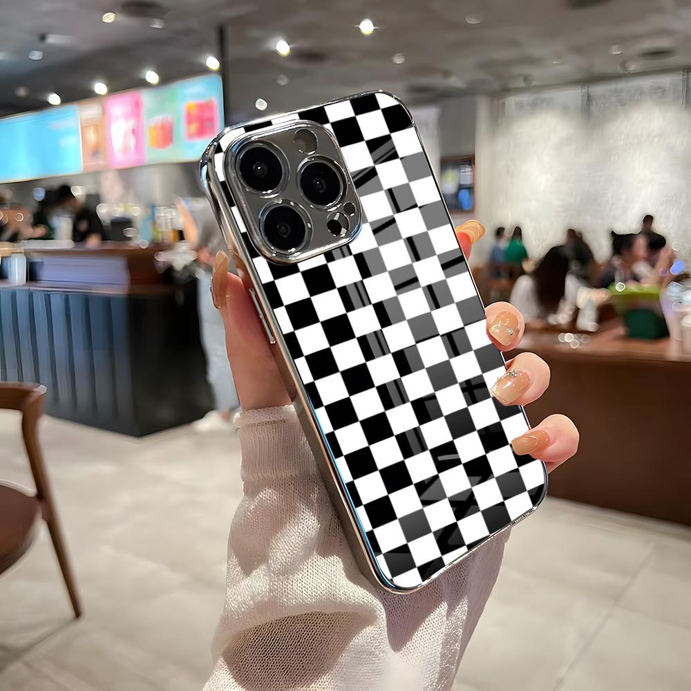 C-Checkerboard Phone Case For IPhone 17 Pro Max 15 Pro 16 14 Plus 12 13 Mini 11 Pro Shockproof Electroplated Glass Cover