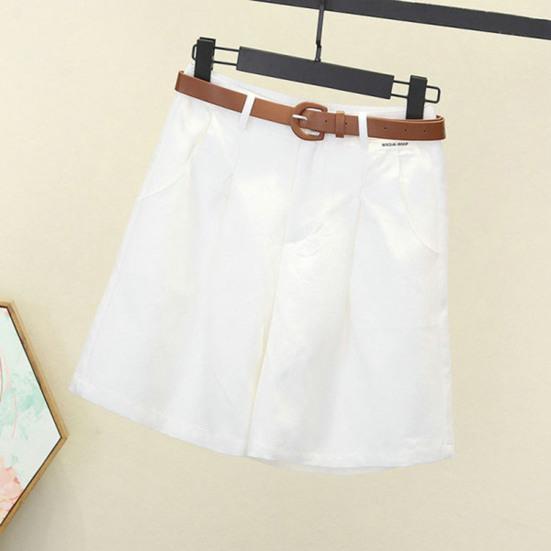 Women Summer Shorts A-line Solid Color With Belt High Waist Suit Shorts Loose Pockets Zipper Button Closure Lady Dating Commute Shorts