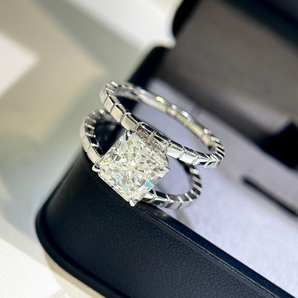 New Vintage 100% Pure 925 Sterling Silver Rings Single Zircon Square Double Layer Ring For Women Luxury Wedding Jewelry 6