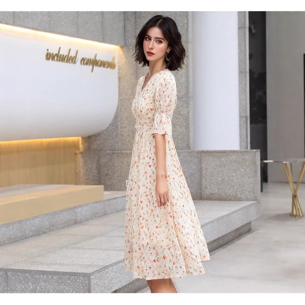 2025 Summer French Floral Puff Sleeve Dress for Women