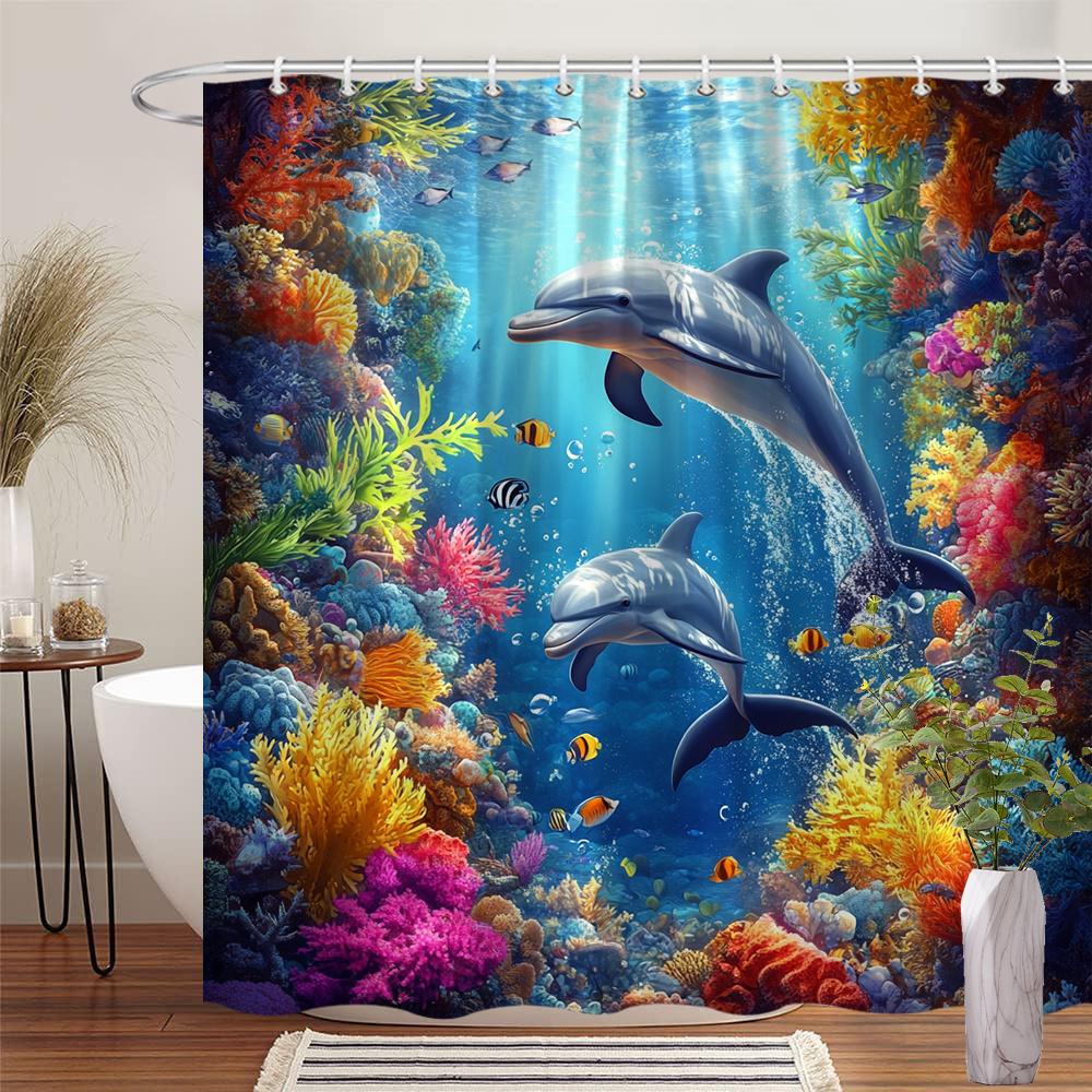 

1pc Vibrant Dolphins Swimming in Coral Reef Shower Curtain, Colorful Fish and Marine Life with Lush Coral Formations, Beautiful 90x180cm