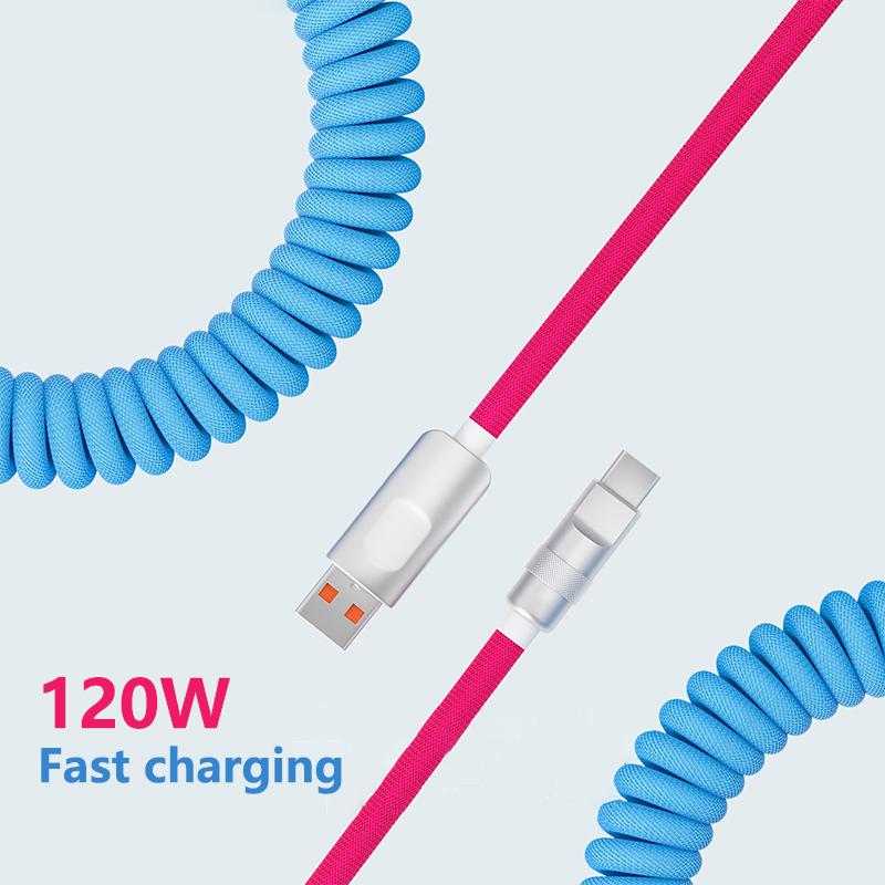 1.8M 120W Fast Charge USB Cable Quick Charge Type-C Lightning Spring Cable For USB To Type C