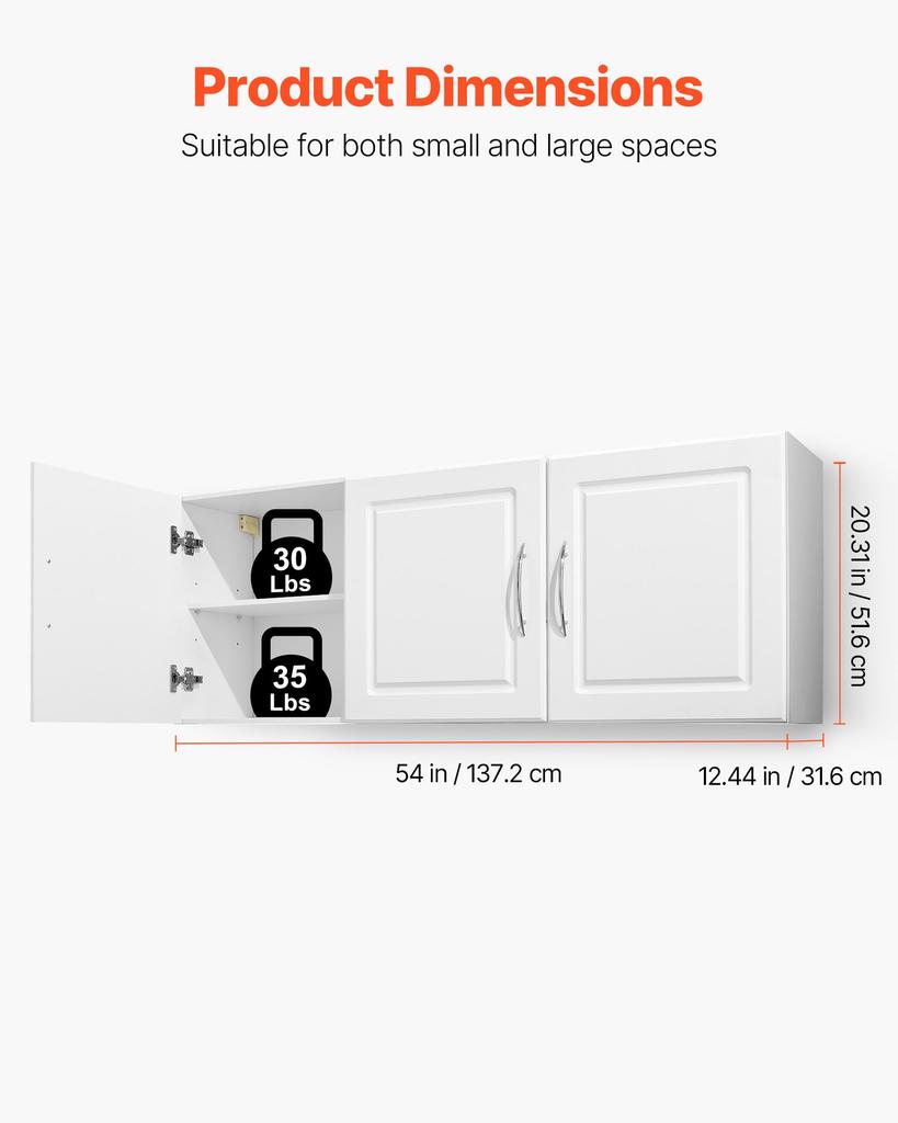 VEVOR Laundry Room Wall Cabinet, 2-Tier Wall Mounted Hanging Cabinet with Adjustable Shelf, Cupboard Storage with 3 Doors, for Kitchen, Bathroom