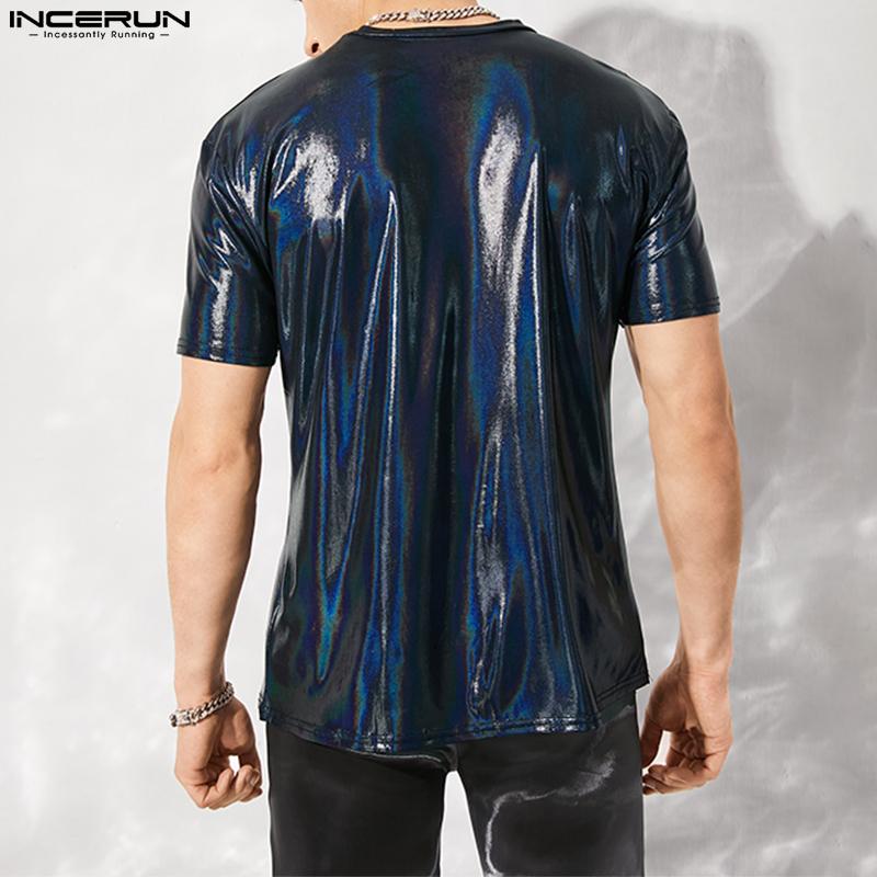 INCERUN Summer Men Short Sleeves T-shirts Casual Glitter PU Leather Tops