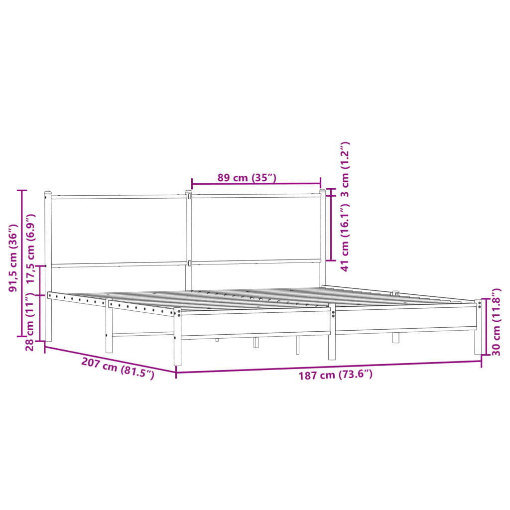 Metal Bed Frame Without Mattress Smoked Oak Finish 180 X 200 Cm