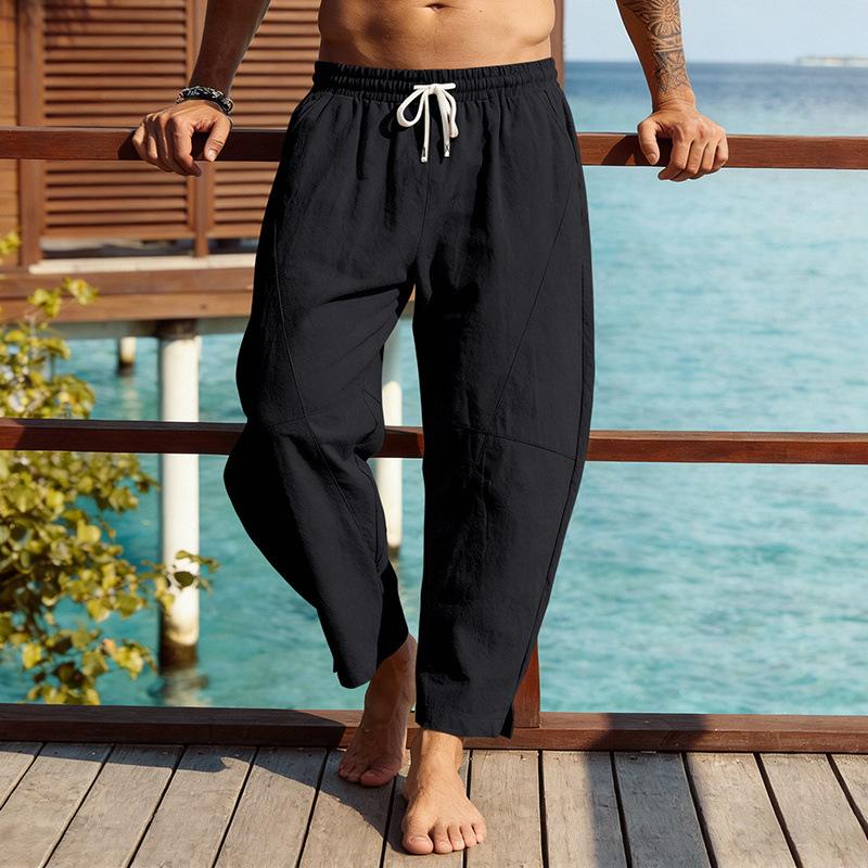 Mens Summer Casual Loose Solid Linen Blend Drawstring Long Pants