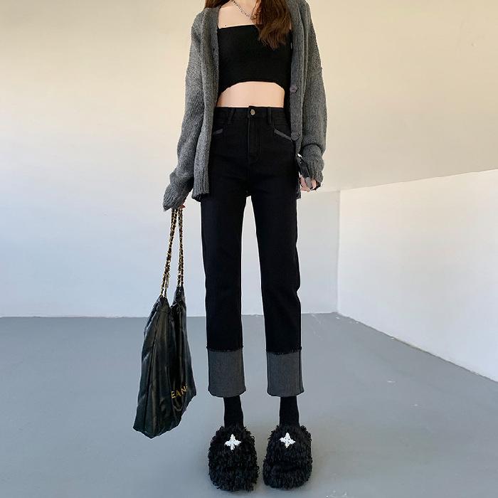 Women s High Waist Black Rolled Hem Slimming Straight Leg Jeans - 2025 Autumn/Spring Style L