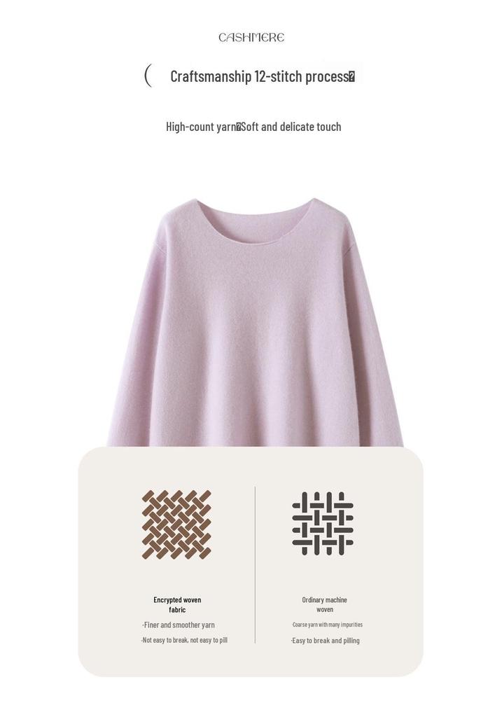 Lekasha Women's Cashmere Rolled Hem Sweater - Autumn/Winter, Twelve-Needle, Round Neck, Widened Sleeves, Loose Fit, Warm Base Layer