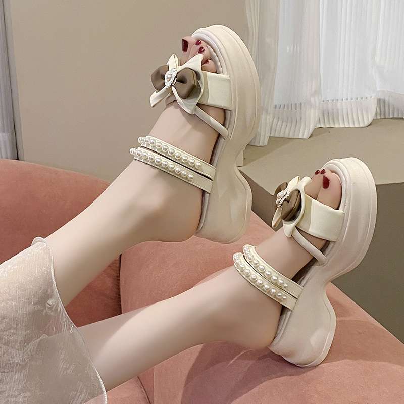 With skirts, pearl sandals, women's summer outer wear 2025 new bow thick sole height increase two wear Roman cool slippers
