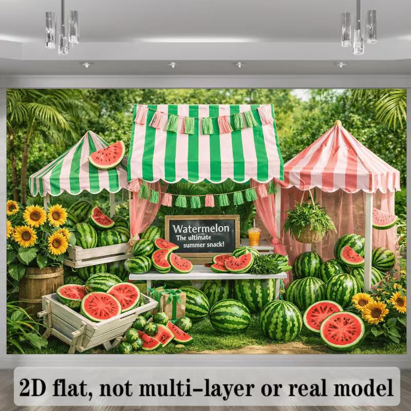 2D Watermelon Stand Backdrop, Summer Market Photography Background Banner