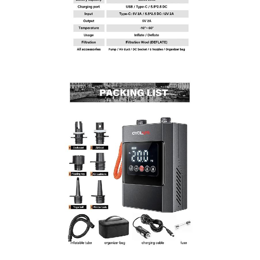 SUP Pump Stand-Up Paddle Rechargeable 20PSI Inflatable PVC Boat Kayak Accessories for Surfing Kite Mattress Tent Mattress