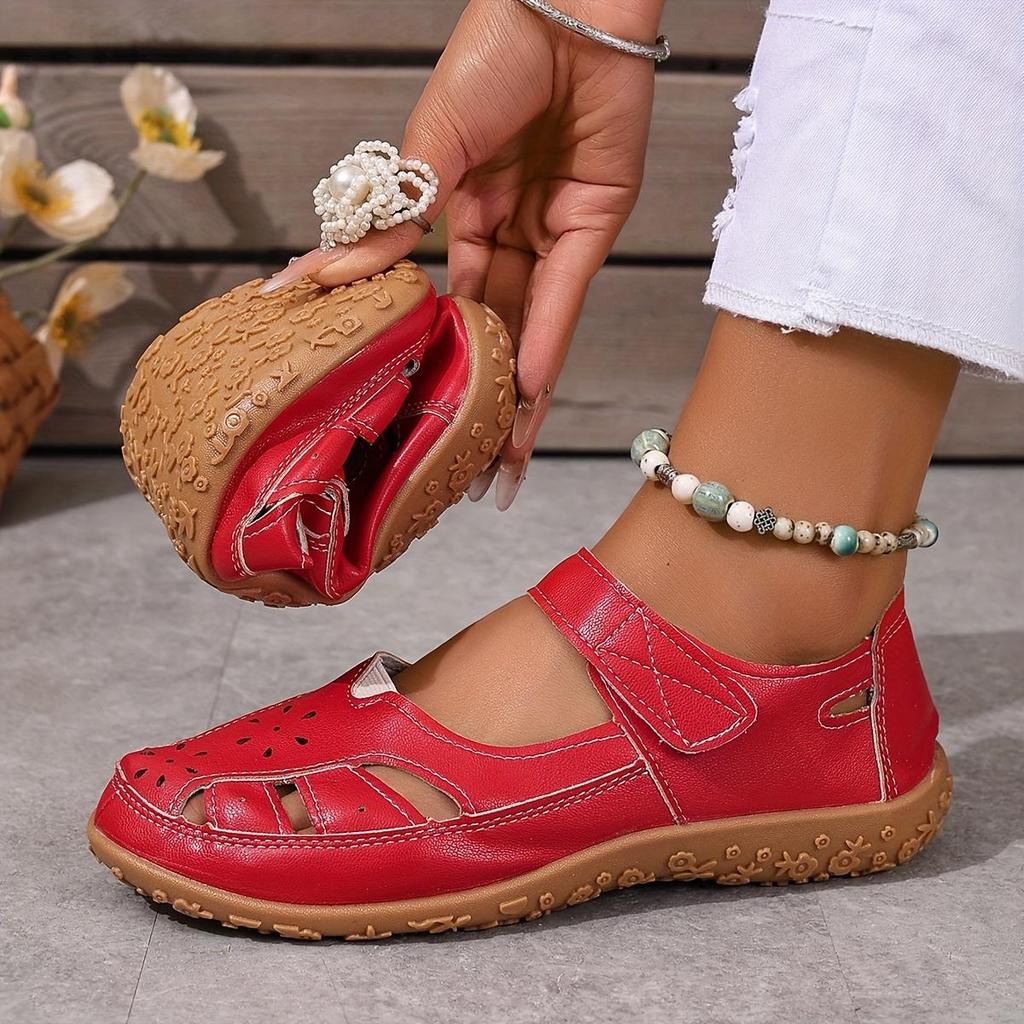Damen flache Sandalen, Sommer durchlässige römische Sandalen mit Ausstanzungen, lässige atmungsaktive Schuhe für Mütter