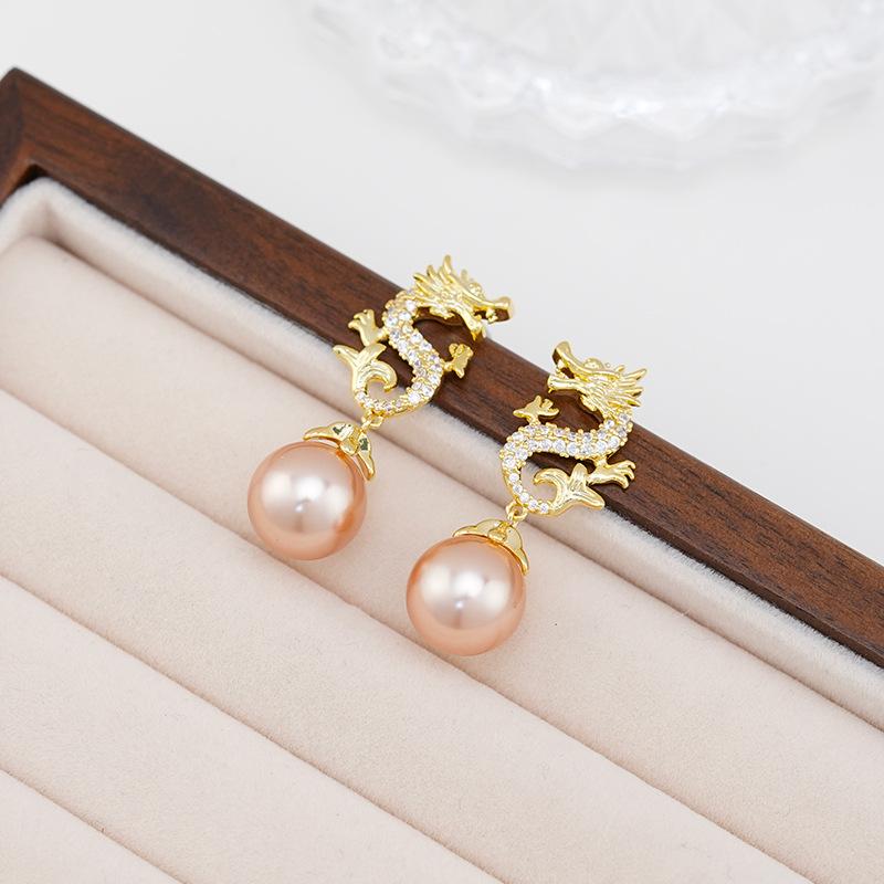 Year Of The Dragon Inlaid Zircon Pearl Earrings Chinese Style Red Earrings Chinese New Year Light Luxury High-End Earrings