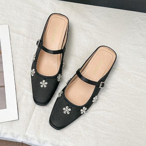 Fashion Sparkling Rhinestone Satin Flat Sandals Women Fairy Core Slip On Mules for Dress Outfits
