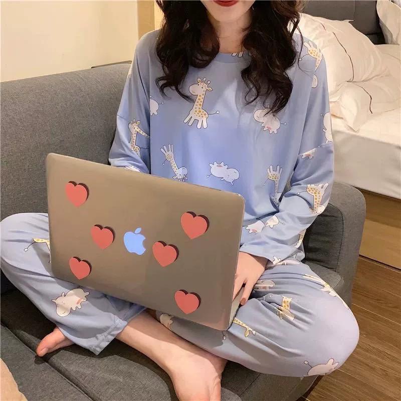 Women's Cute Cartoon Long Sleeve Pajama Set – Comfortable Thin Style for Spring, Autumn, and Winter, Wearable Outdoors