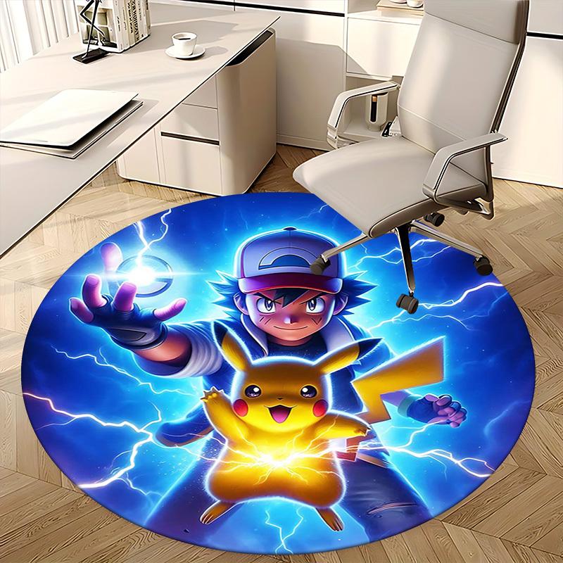 1 szt. Okrągły dywanik Pokemon Pikachu - Mata na krzesło z motywem anime do biura, wystroju domu, salonu