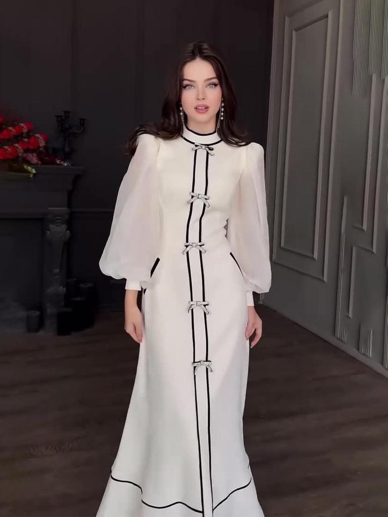 2024 Herbst Schwarz & Weiß Halbhoher Kragen Kleid mit Schleifenakzent