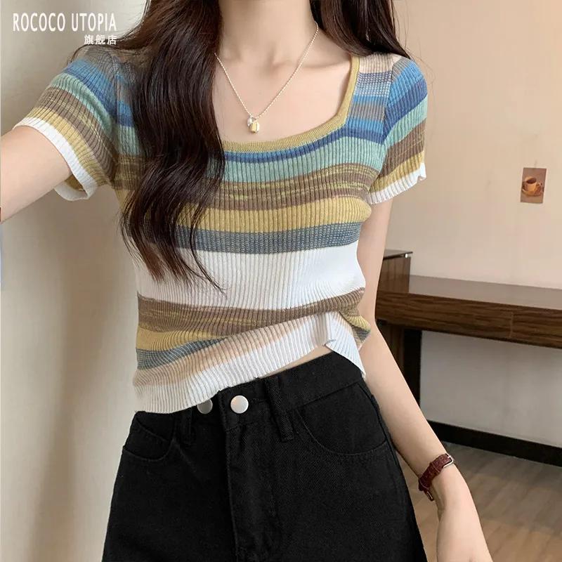 Women's Multicolor Stripe Knit Short Sleeve Crop Top