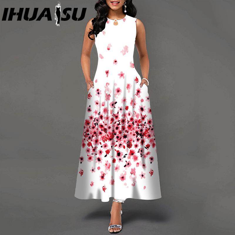 IHUASU 48 Farben Neues Damen Lockeres Vintage Blumenmuster Rüschenkleid Befree Kleid Großes Sommerparty Tanktops Elegante Maxikleider