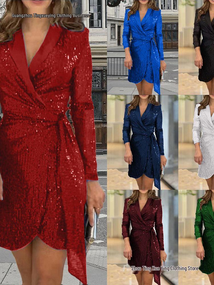 European & American Ladies' Fashionable Sequin Tie-Up Dress with Waist Cinch and Lapel 