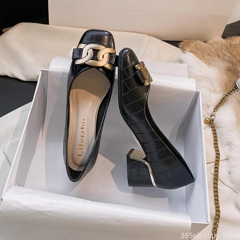 Women Shoes Fashion Pumps Fashion Leather Stone Pattern High Heels Shoes Girl Metal Decoration Casual Dress Shoes