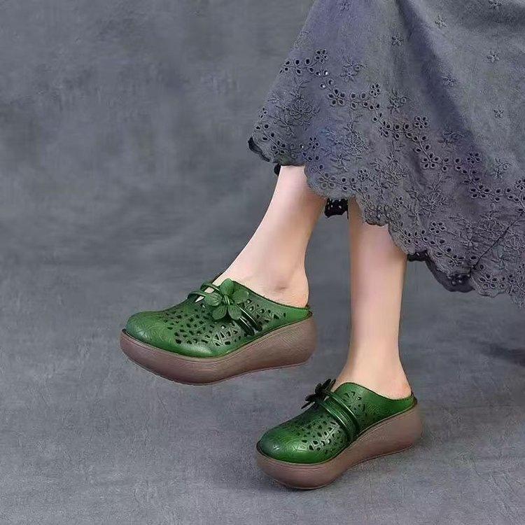 

Retro Soft Leather Half-toe Shoes - New Style Baggy Slippers for Women 40 зелений