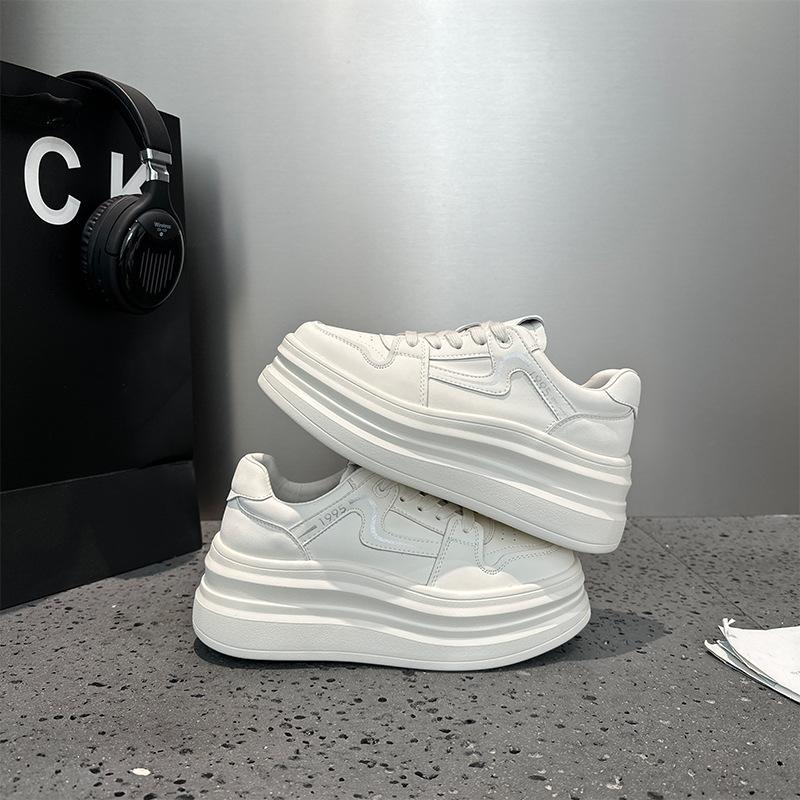 Leather little white shoes women's autumn new thick-soled heightening casual board shoes women's lace-up student shoes women